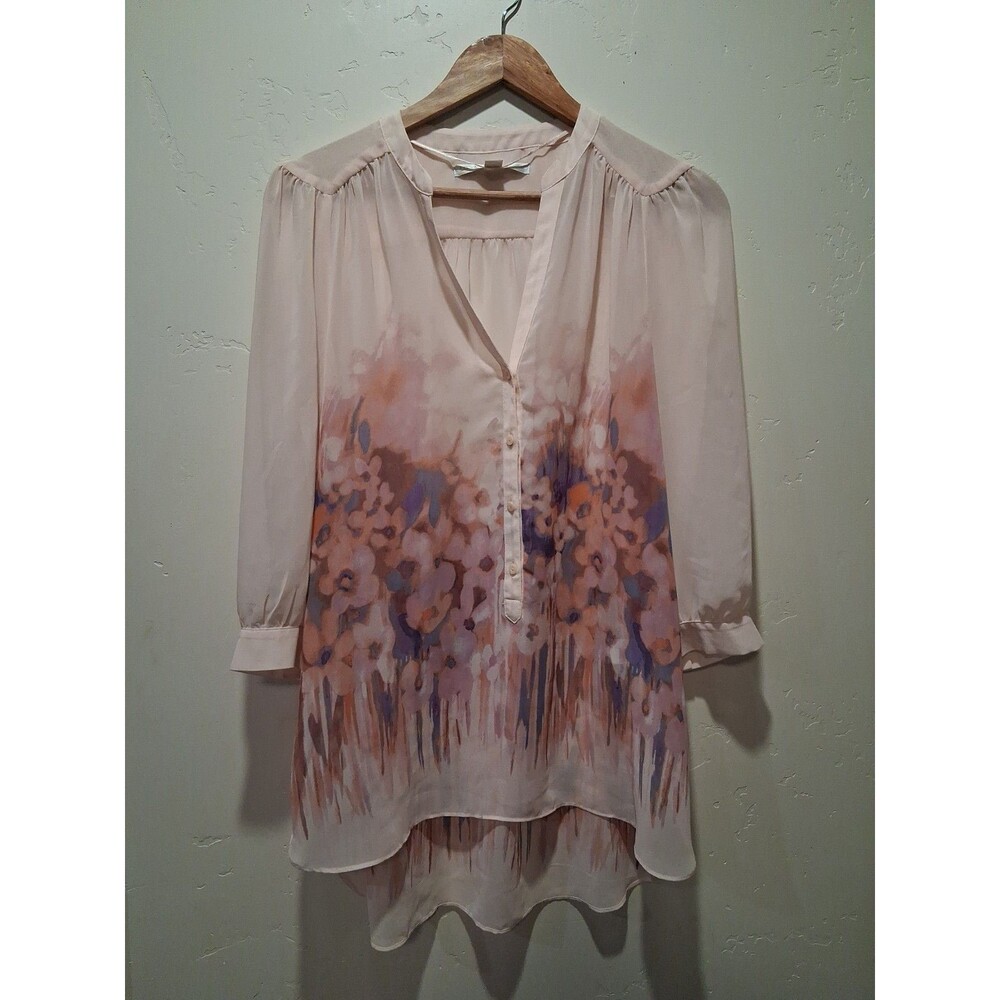 Lauren Conrad Women Sz L Floral Watercolor Sheer Buttons Hi-Low Blouse Top Fairy